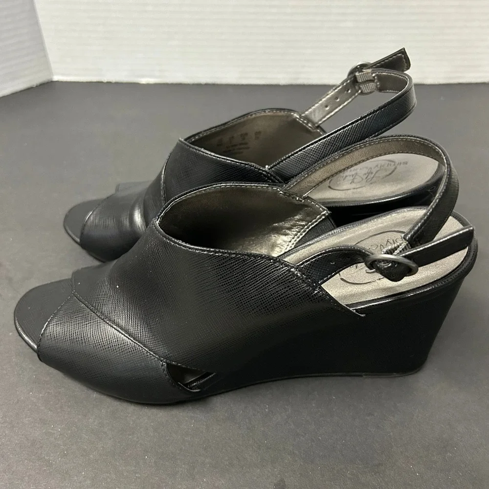 LifeStride Wedge Sandals Women's 8M Black Peep Toe Slingback Heels Cherish